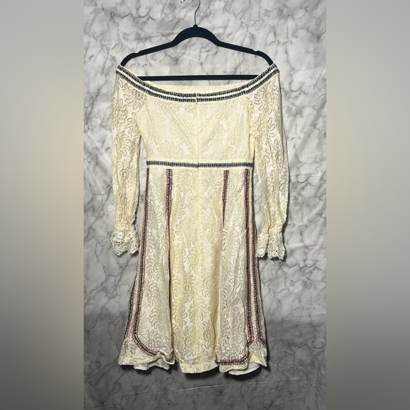 Coquette Cream Lace Romantic Dainty Mini Boho Embroidered Off Shoulder Dress S - Picture 4 of 8
